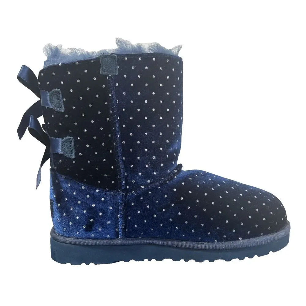 UGG Bailey Bow Starlight Navy Blue Velveet Glitter Boots 1014496Y Youth 5/Wmn 7